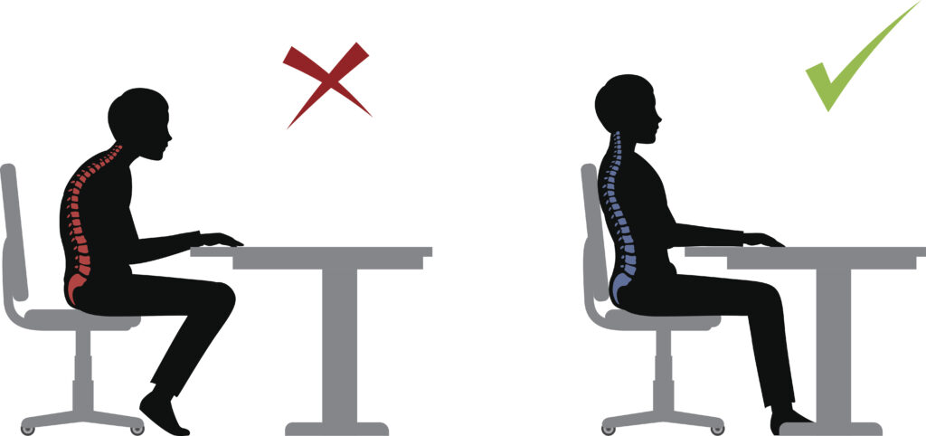 Drawing showing correct posture while sitting at a desk