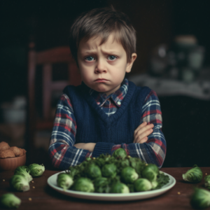 Little boy very unhappy in front of a plate of Brussels Sprouts