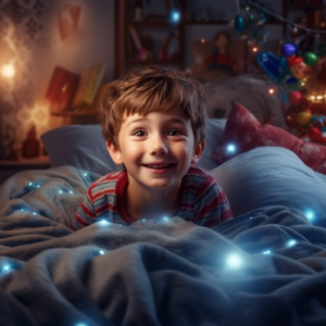 happy expectant young boy in bed on Christmas Eve