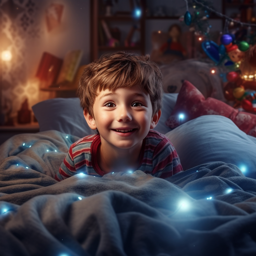 happy expectant young boy in bed on Christmas Eve