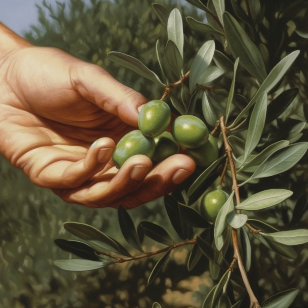 Closeup of hand picking olives from the tree